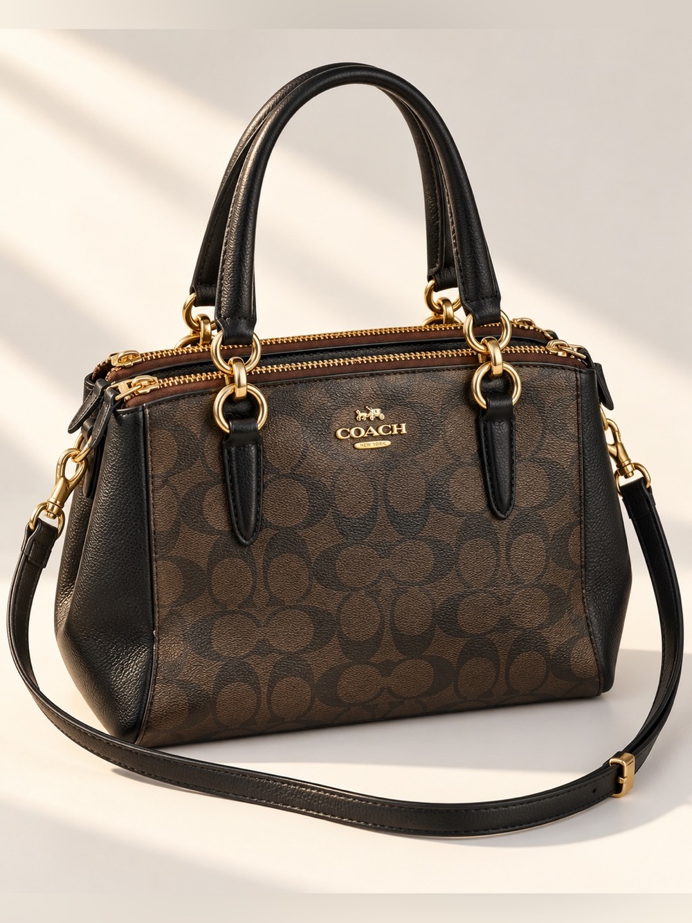 Coach Signature Double Zip Satchel Crossbody Bag Brown Black Gold Hardware